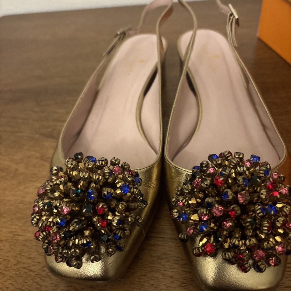 Kate Spade Maren Old Gold Metallic Nappa Leather Slingback Heel Gold Pom Toe 8.5 - Picture 5 of 6